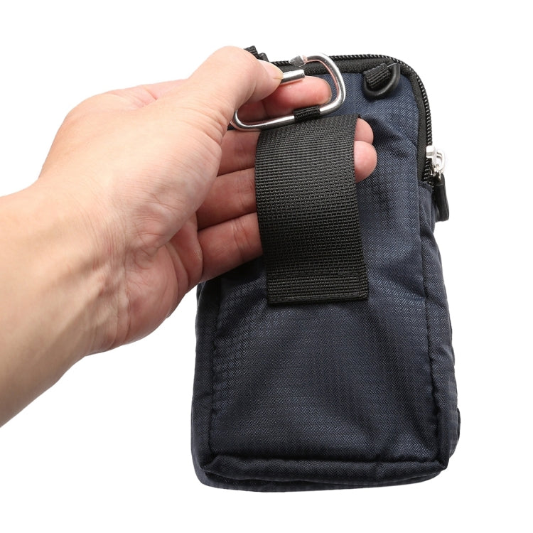 Double-layer zip phone pouch bag, dark blue with metal D-ring and webbing strap