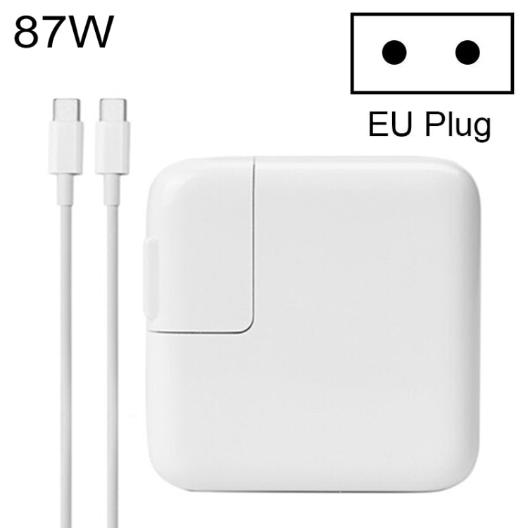 White 87W Type-C power adapter with EU plug and charging cable, compact travel charger