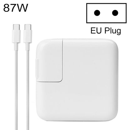 White 87W Type-C power adapter with EU plug and charging cable, compact travel charger