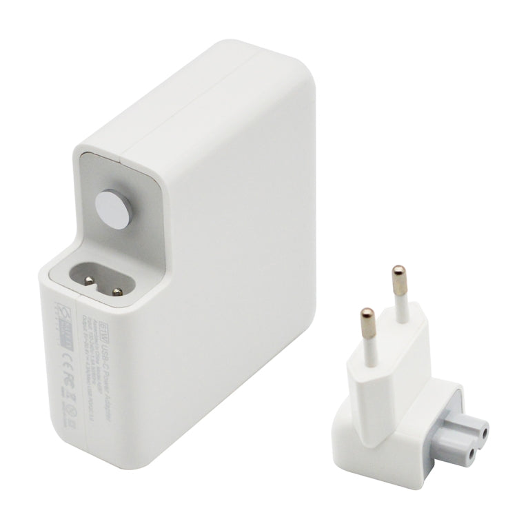 White EU power adapter with Type-C output port and two-pin plug, side view
