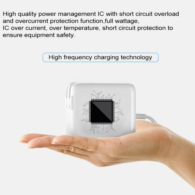 White EU Type-C power adapter held in hand, charging IC graphic shown