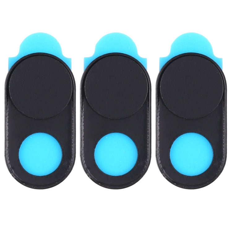 Black magnetic webcam cover set of 3, three oval sliders with blue lens windows