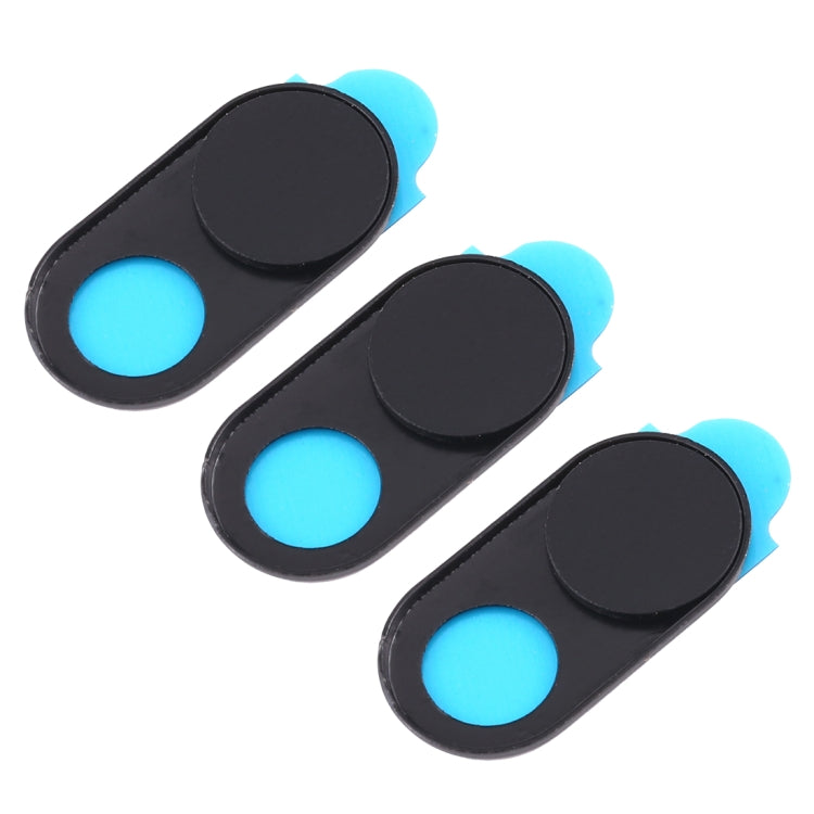 Three black magnetic webcam covers, oval slide covers with blue lens windows