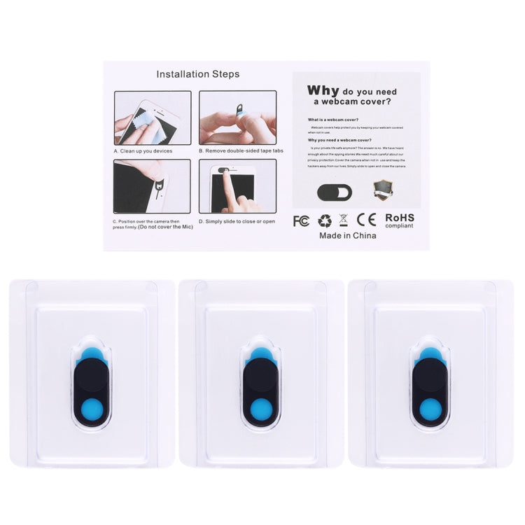 Three black webcam covers in clear blister pack, each with blue lens window
