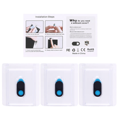 Three black webcam covers in clear blister pack, each with blue lens window
