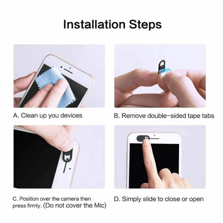 Webcam cover installation steps graphic with four panel photos