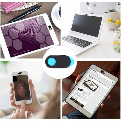 Webcam cover in use on laptop and tablet, oval black slider with blue lens window