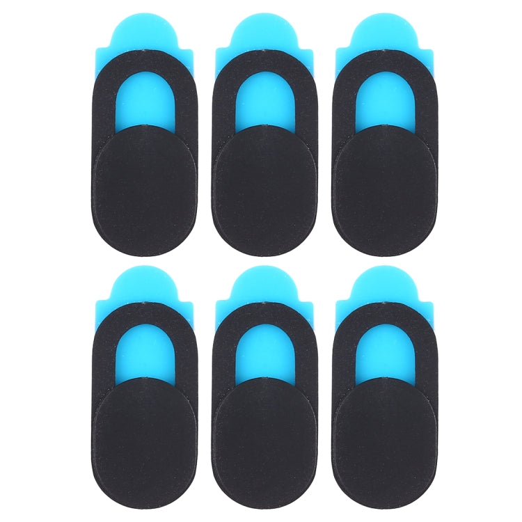 Set of 6 slim webcam privacy covers, black tabs with blue camera-opening inserts
