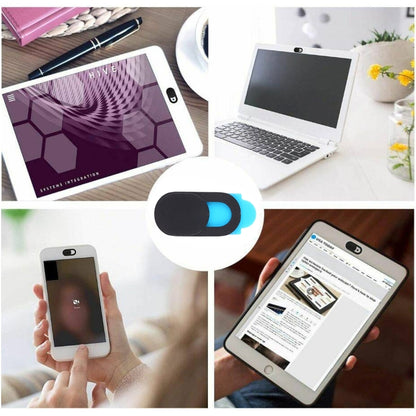 Webcam cover set in use on phone and tablet, black cover with blue camera window