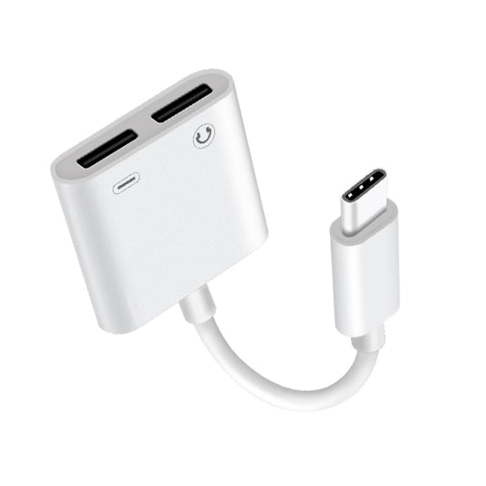 White 2-in-1 USB-C audio and charging adapter with dual ports and attached cable