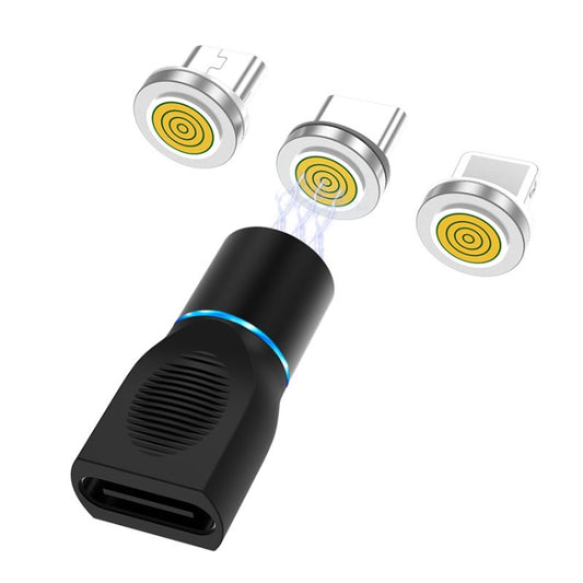 Magnetic charging adapter set with black USB-C head and 3 silver magnetic tips