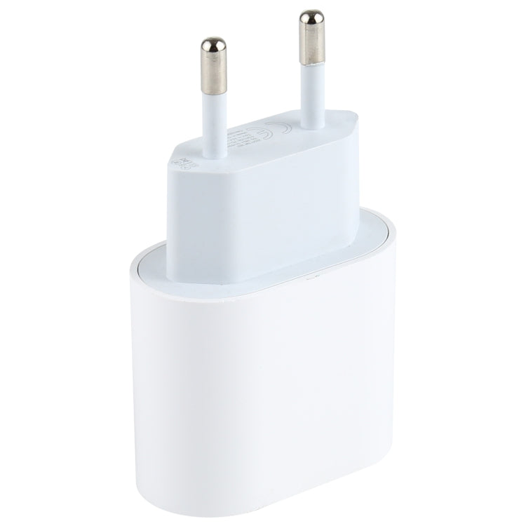 White EU plug travel USB-C charger with two metal prongs and compact adapter body