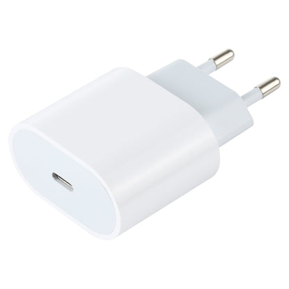 White USB-C travel charger adapter with rounded output opening and EU plug prongs