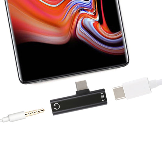 Black 2-in-1 USB-C adapter with USB-C female and 3.5mm audio jack