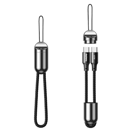 REMAX 65W USB-C to USB-C lanyard data cable, black braided with dual Type-C connectors