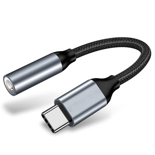 USB-C to 3.5mm audio adapter with black braided cable
