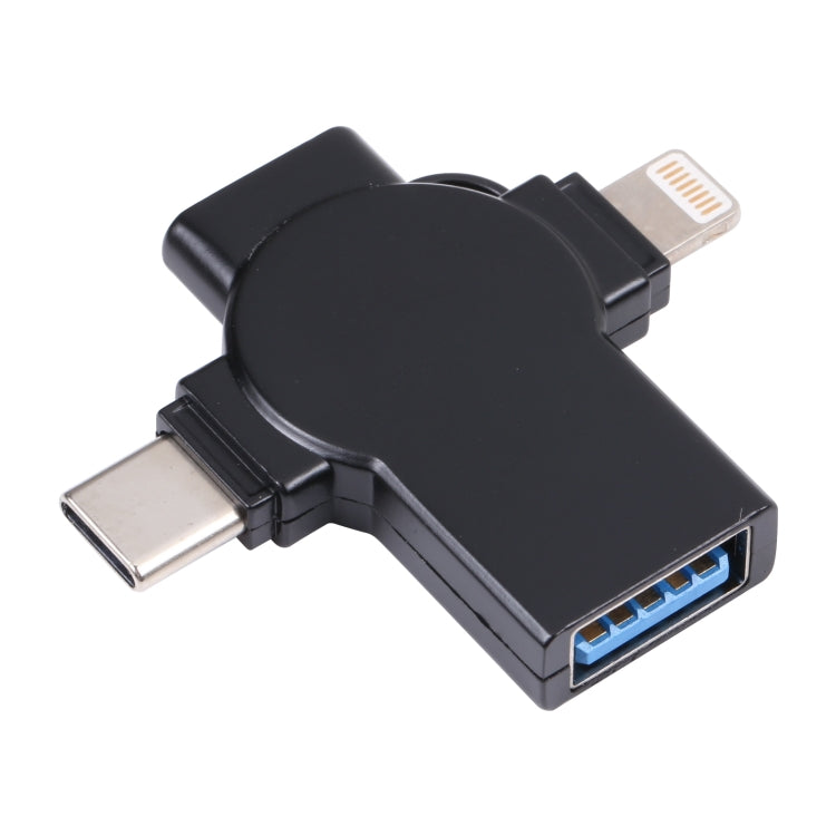 Black OTG adapter with dual 8-pin connectors and USB-A plug