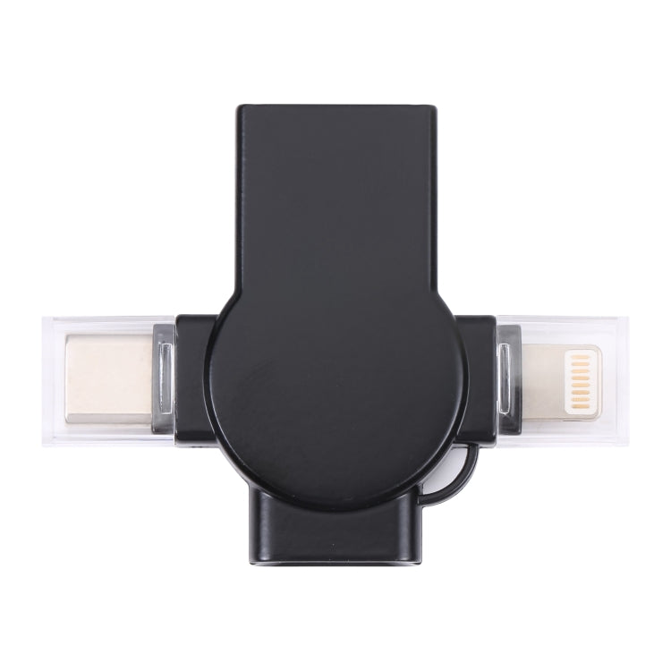 Black OTG adapter, connector face, with USB-A plug and dual 8-pin ports