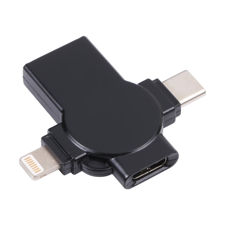 Black OTG adapter, compact side profile, with USB-A plug and dual 8-pin ports