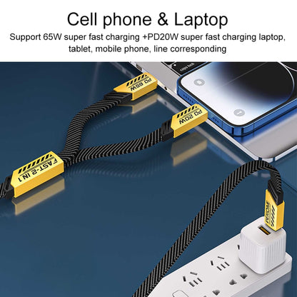 USB to USB-C fast charge cable with yellow connectors and black braided jacket