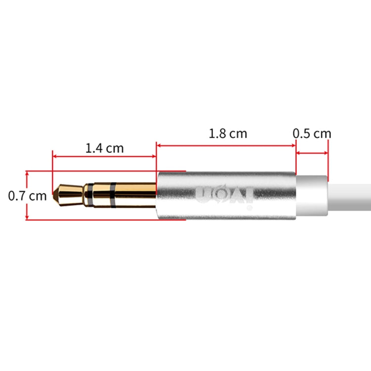 3.5mm AUX audio cable with gold male plugs and silver barrel, length detail