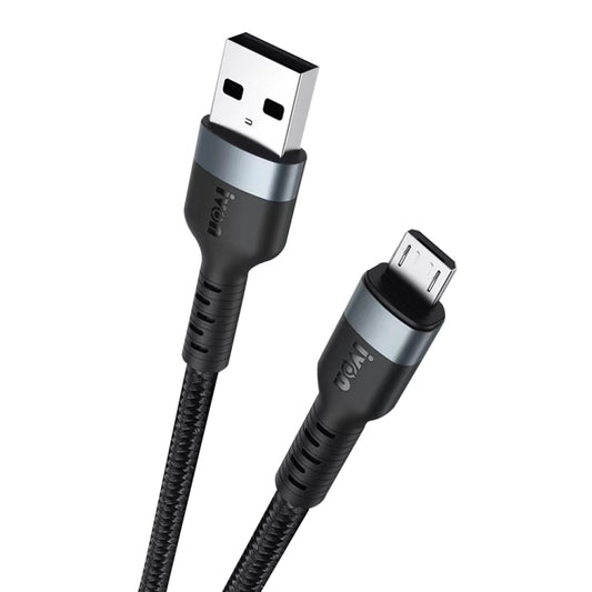 Black nylon braided USB-A to Micro USB charging cable with USB-A and Micro USB plugs
