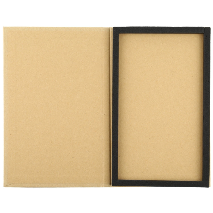 Opened screen protector package with cardboard backing and black frame insert