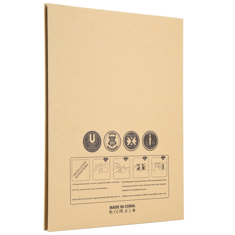 Tempered glass screen protector package back with durability icons and Made in China label