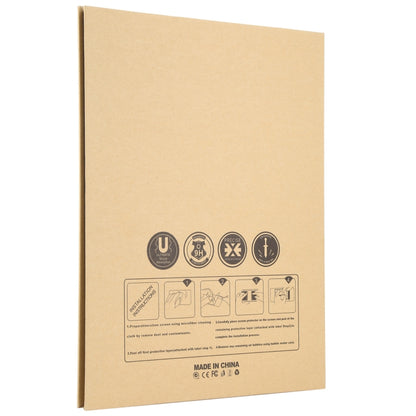 Tempered glass screen protector package back with durability icons and Made in China label