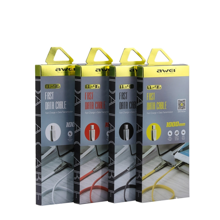 Multiple AWEI CL-96 fast data cable boxes in yellow, red, and black