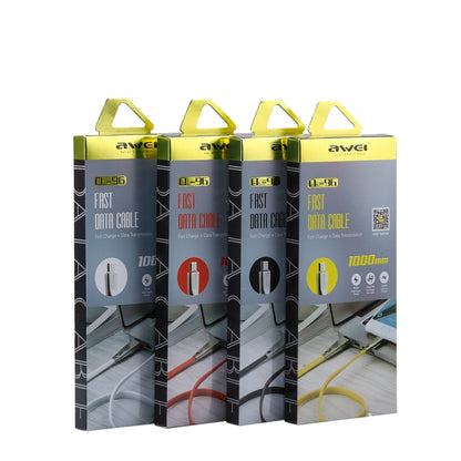 Multiple AWEI CL-96 fast data cable boxes in yellow, red, and black