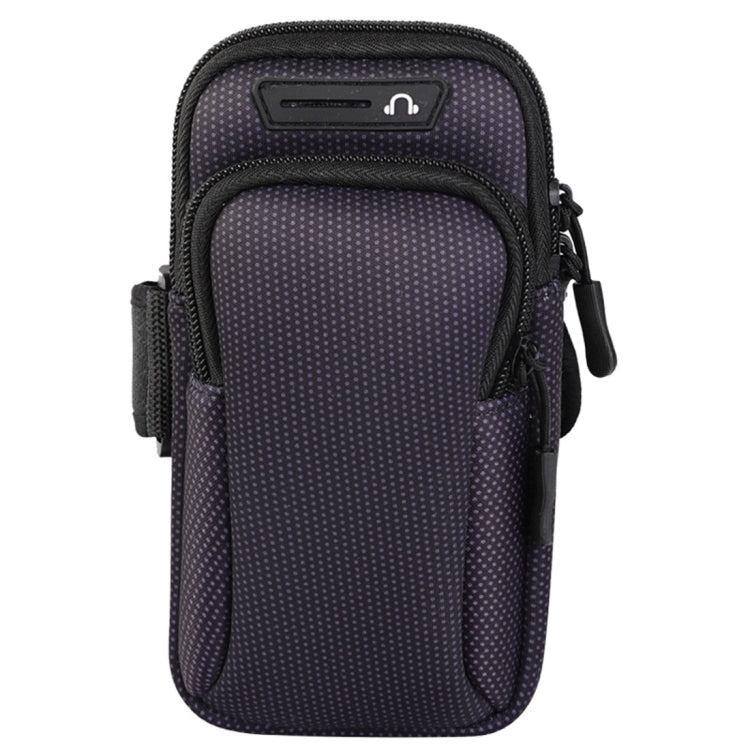 Double-layer zippered sport armband phone bag, black dotted fabric and top card slot
