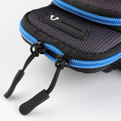 Compact sport armband phone bag, black dotted with blue zipper trim and carabiner clip