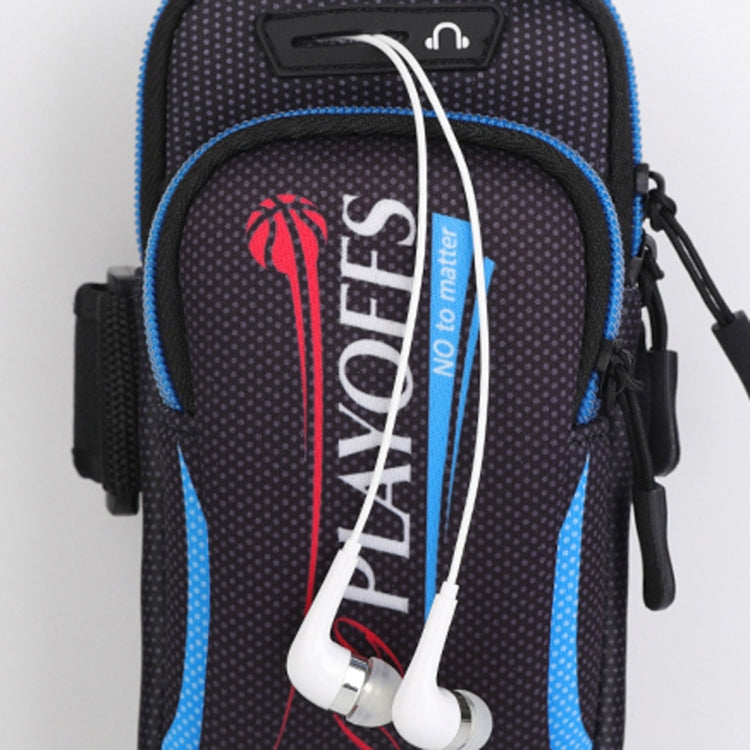 Sport armband phone bag with earphone opening, black dotted with blue trim and earbuds