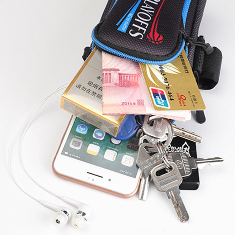 Sport armband phone bag with zip pocket, black dotted with keys and cards inside
