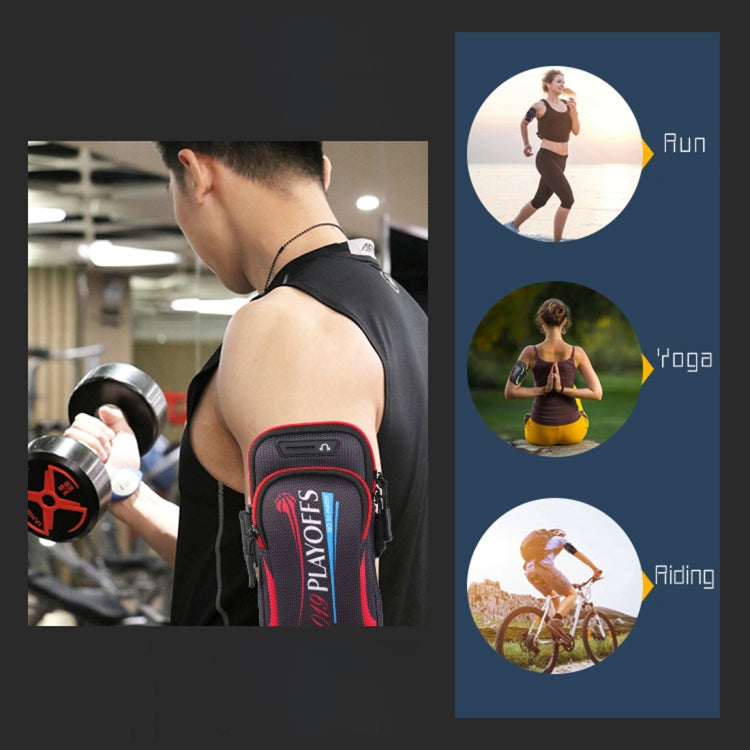 Sport armband phone bag worn on upper arm, black with red trim and zip pocket