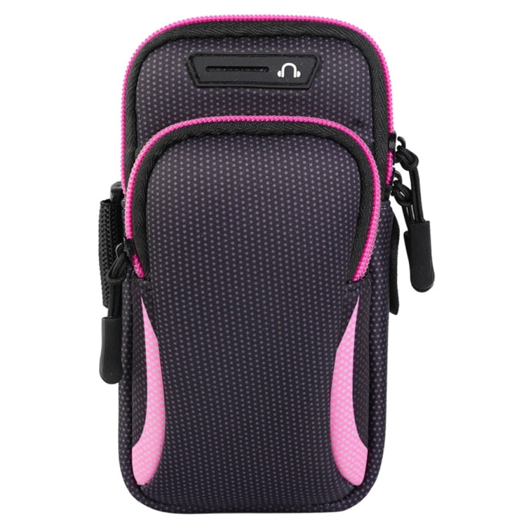 Double-layer zippered sport armband phone bag, black dotted with pink trim and side strap