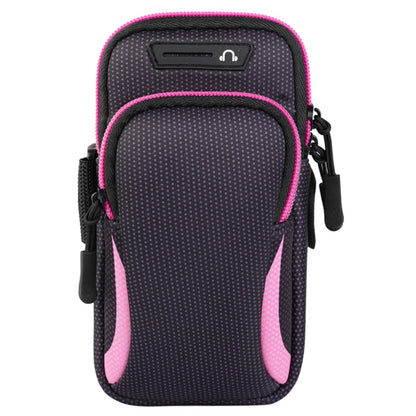 Double-layer zippered sport armband phone bag, black dotted with pink trim and side strap