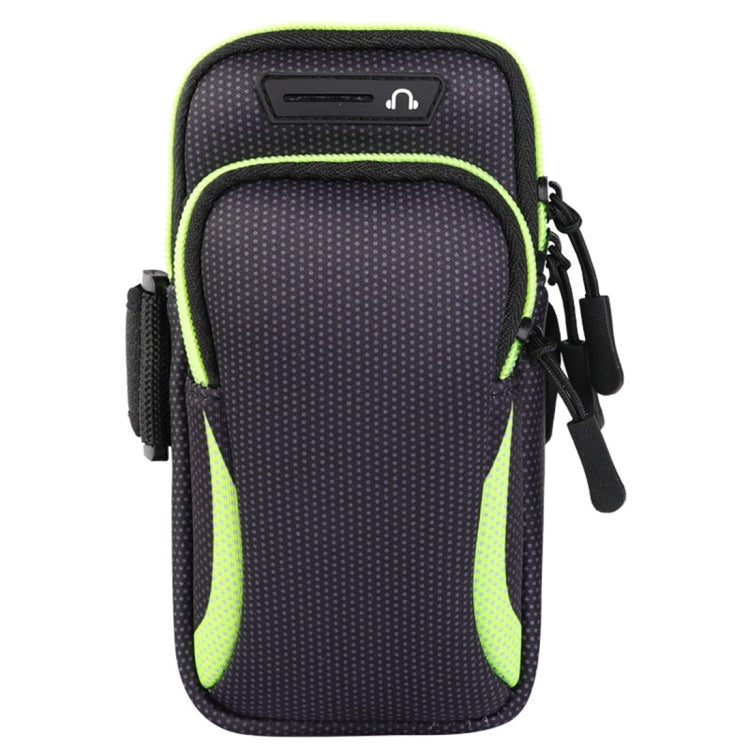 Double-layer zippered sport armband phone bag, black dotted with neon green trim accents