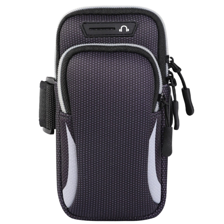 Double-layer zippered sport armband phone bag, dark dotted fabric with gray trim