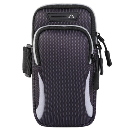 Double-layer zippered sport armband phone bag, dark dotted fabric with gray trim