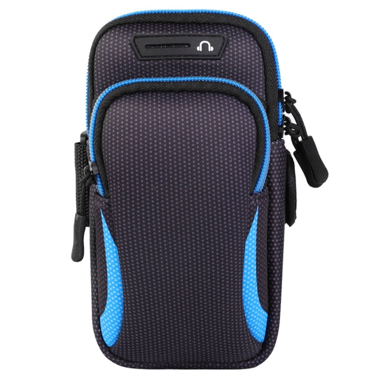 Double-layer zippered sport armband phone bag, black dotted with blue trim and side strap
