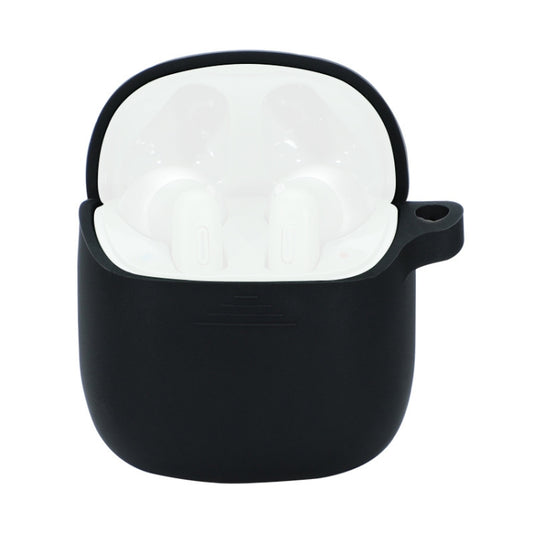 Black silicone earphone charging case with open lid and carrying loop