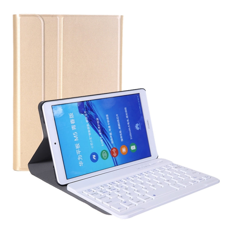 Gold tablet case with detachable keyboard, tablet screen facing viewer
