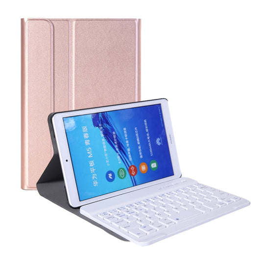 Rose gold folio tablet case with detachable Bluetooth keyboard, front stand view