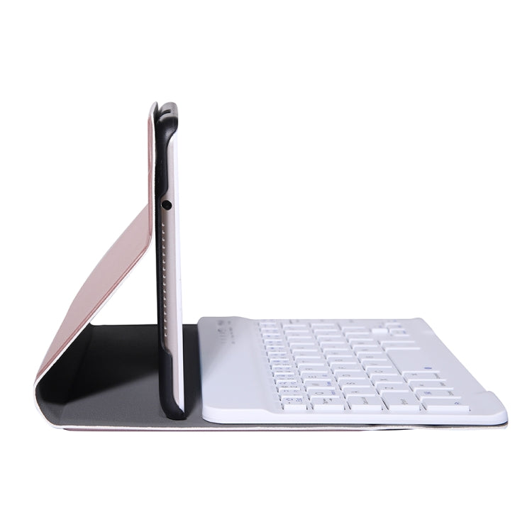 Rose gold folio with detachable Bluetooth keyboard extended, side stand view