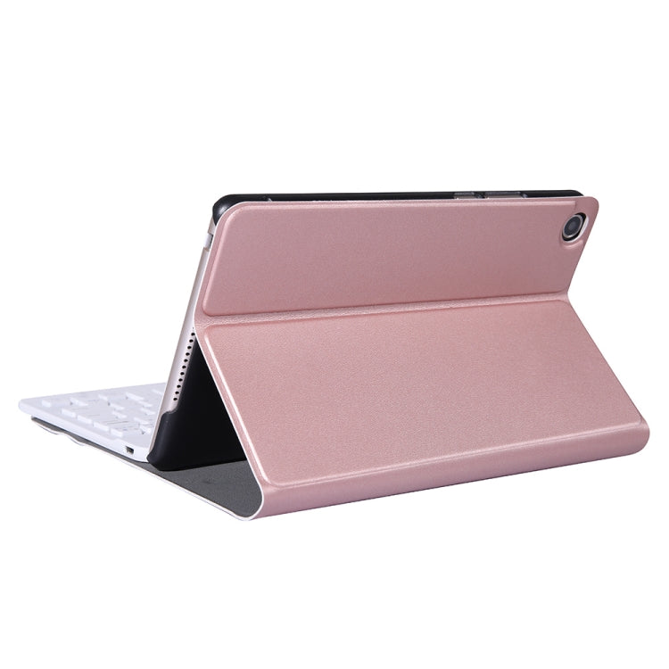 Rose gold tablet case with front cover folded into stand, tablet angled
