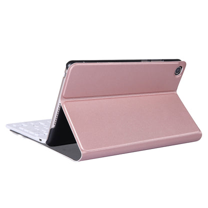 Rose gold tablet case with front cover folded into stand, tablet angled