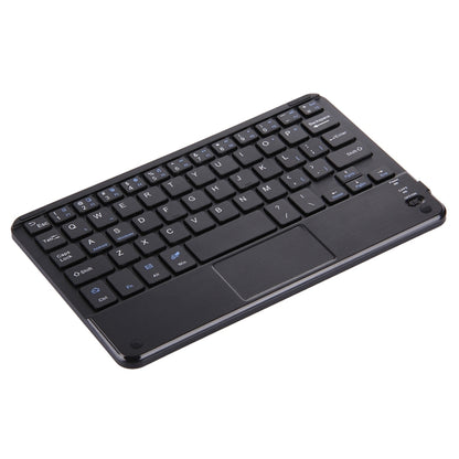 Black Bluetooth keyboard with touch panel, tilted view showing keyboard deck