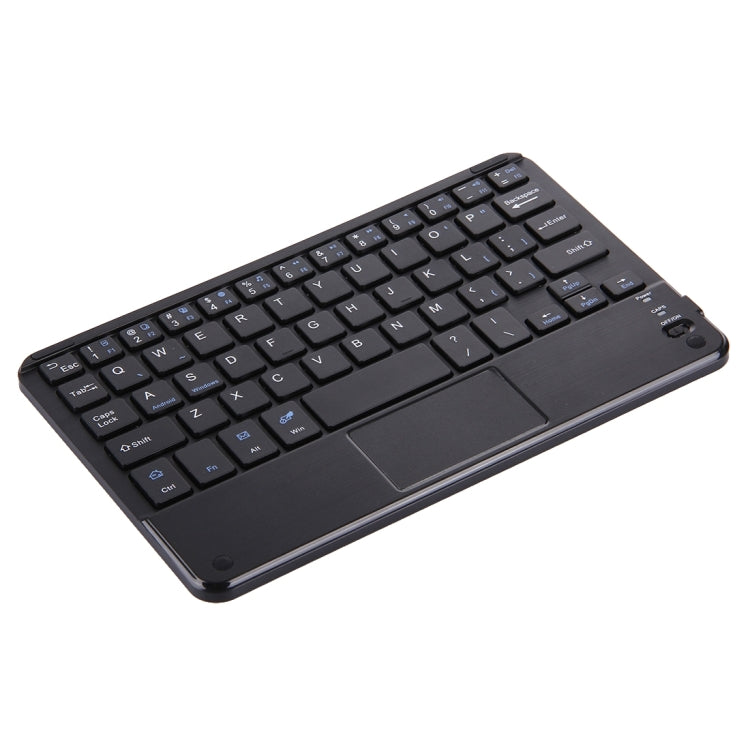 Black Bluetooth wireless keyboard angled view with touch panel